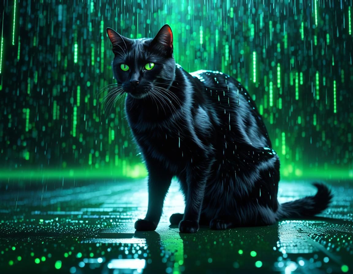 Black Cat in Digital Rain: Cyberpunk Realism