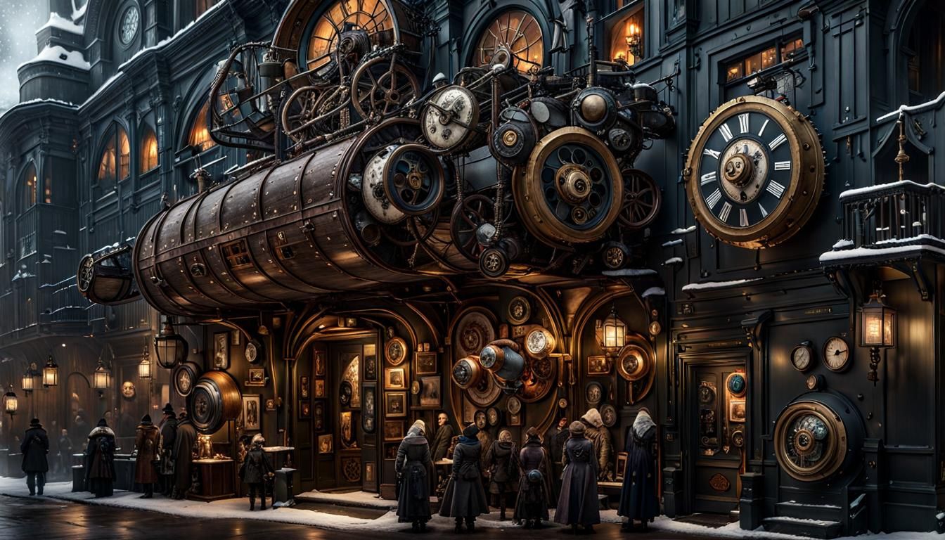 Steampunk Museum Exterior in Winter Landscape