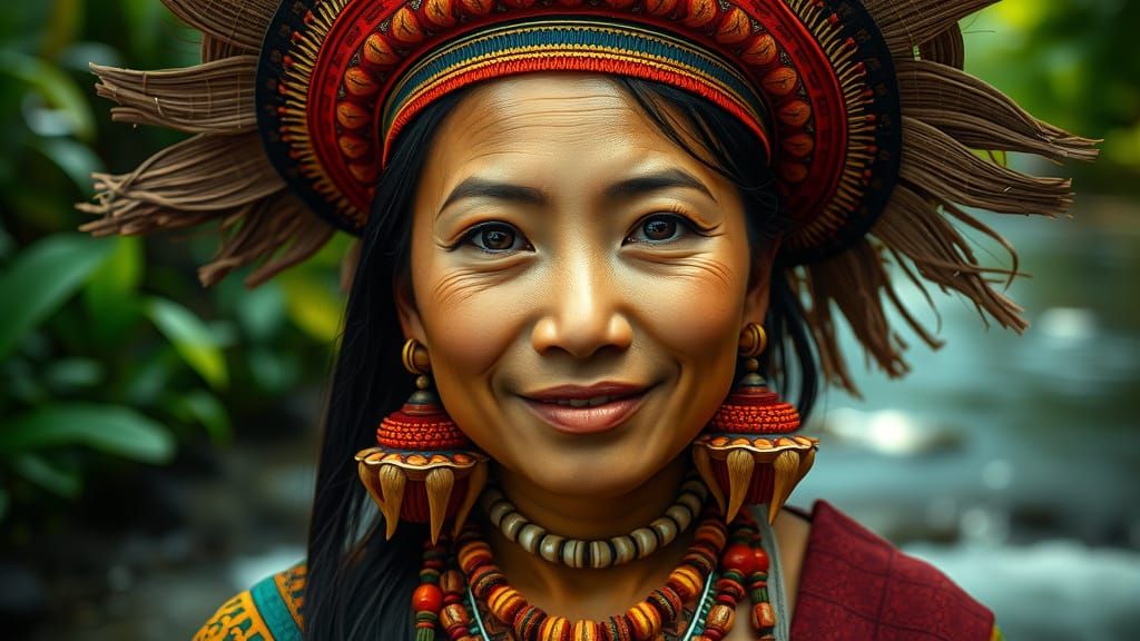 Indonesian Dayak Woman in Traditional Attire, Exuding Streng...