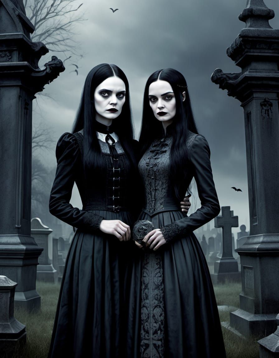 Wednesday and Morticia Addams in Gothic Illustration