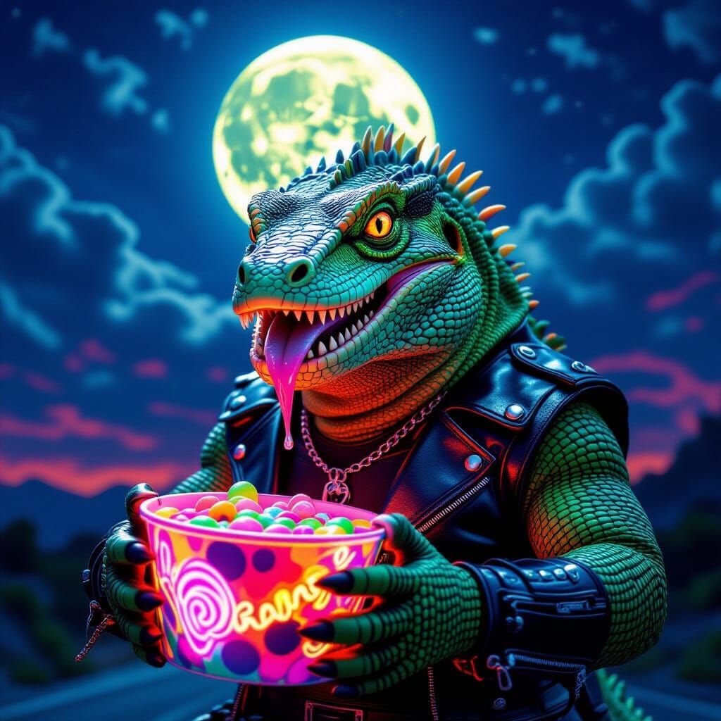 Komodo Dragon in Biker Gear with Neon Candy