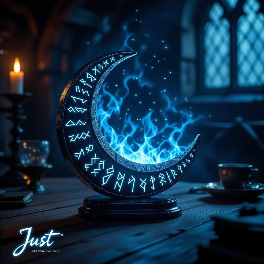 Mystical Moon Artifact with Runes in Medieval Tavern
