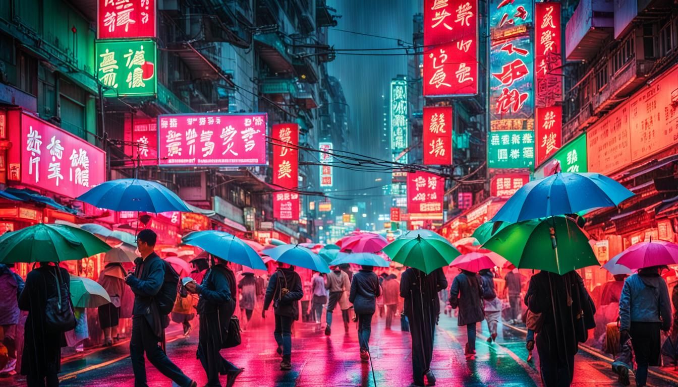 Rainy Hong Kong Street at Night with Neon Lights