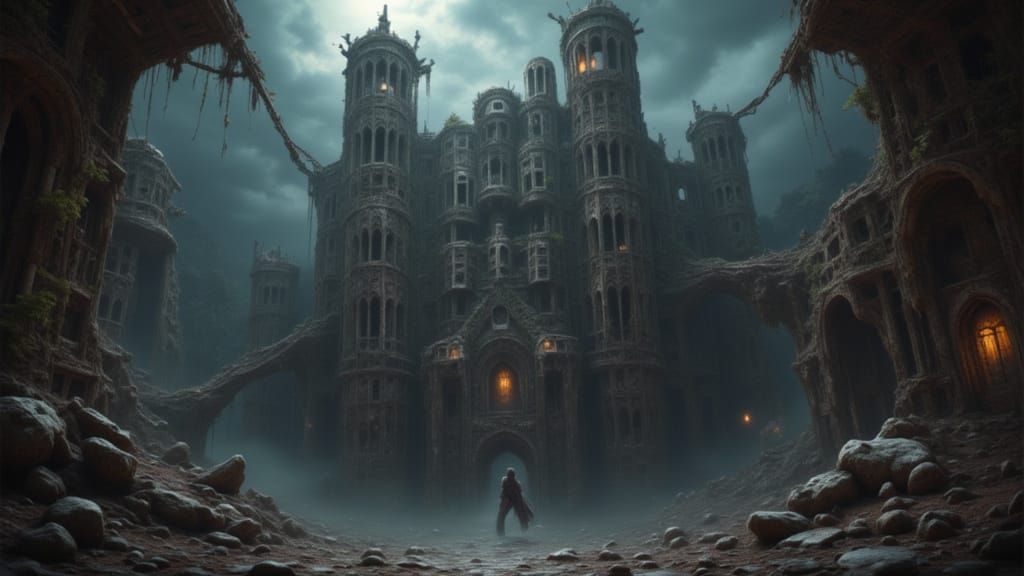 Gothic Castle Illustration in Eerie Moonlit Shadows