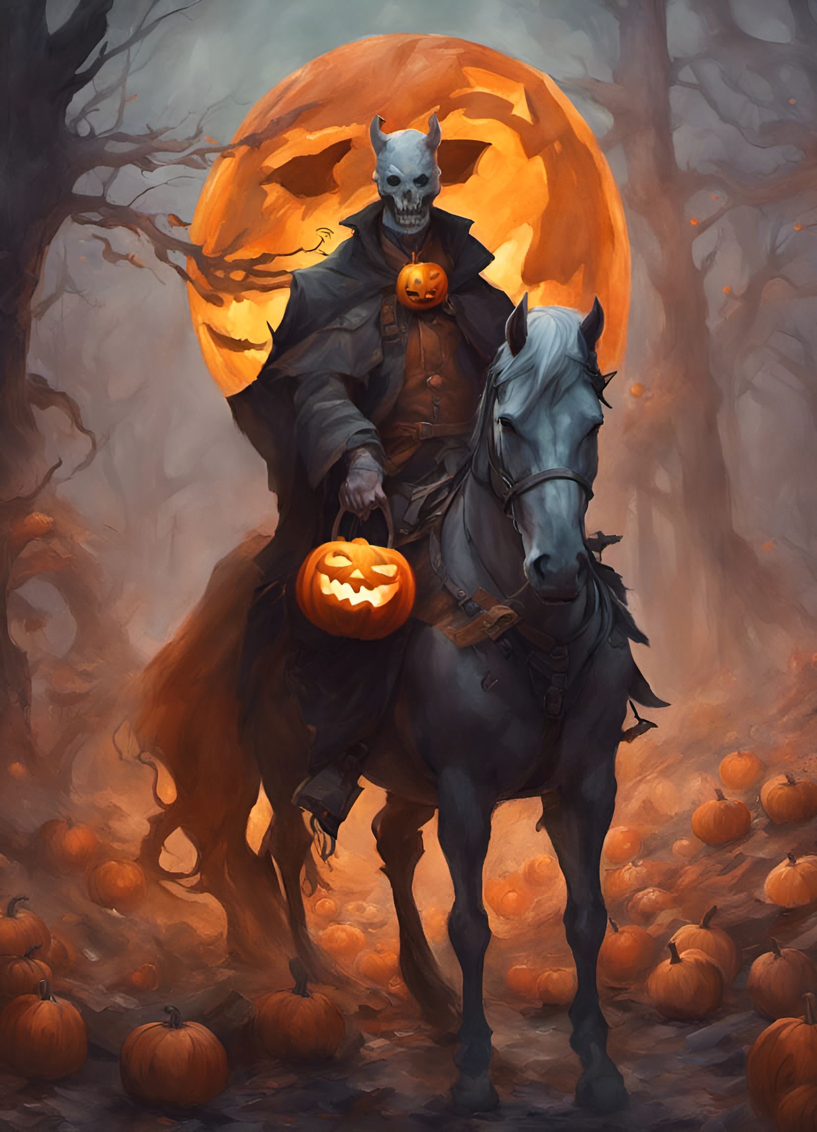 Headless Horseman with Jack-o-Lantern Watercolor Painting