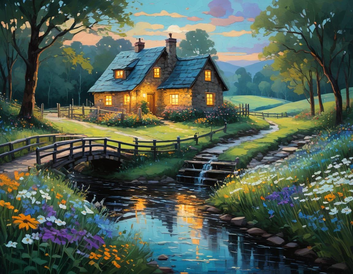 Impasto Cottage Scene Under Starry Night