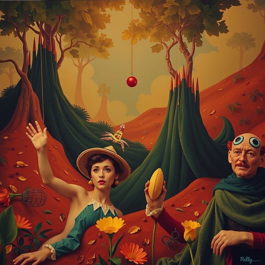 Mystical Forest Scene with Surreal Elements