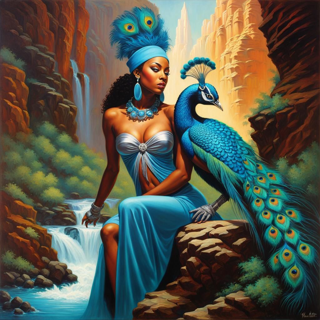 Stunning Fantasy Scene with Turquoise Peacock and Black Beau...