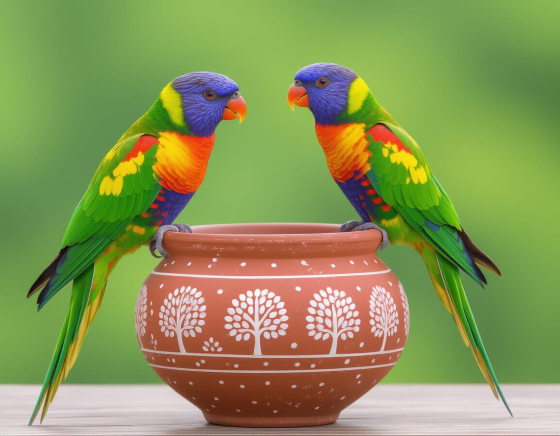 Vibrant Parrots on Terracotta Bowl