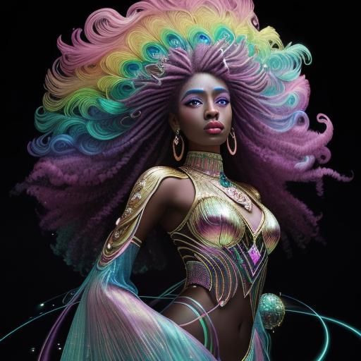 Cosmic Woman with Peacock Feathers, Holographic Illustration