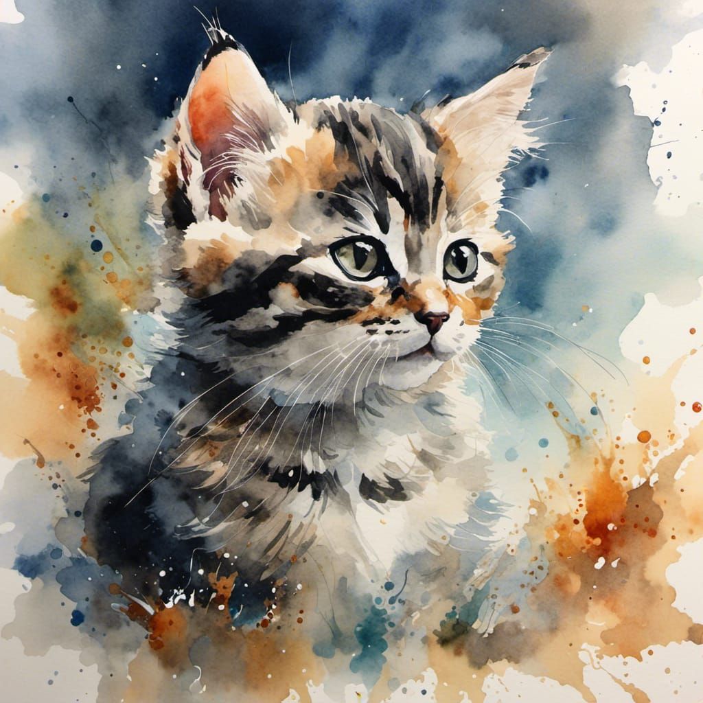 Watercolor Portrait of American Shorthair Kitten