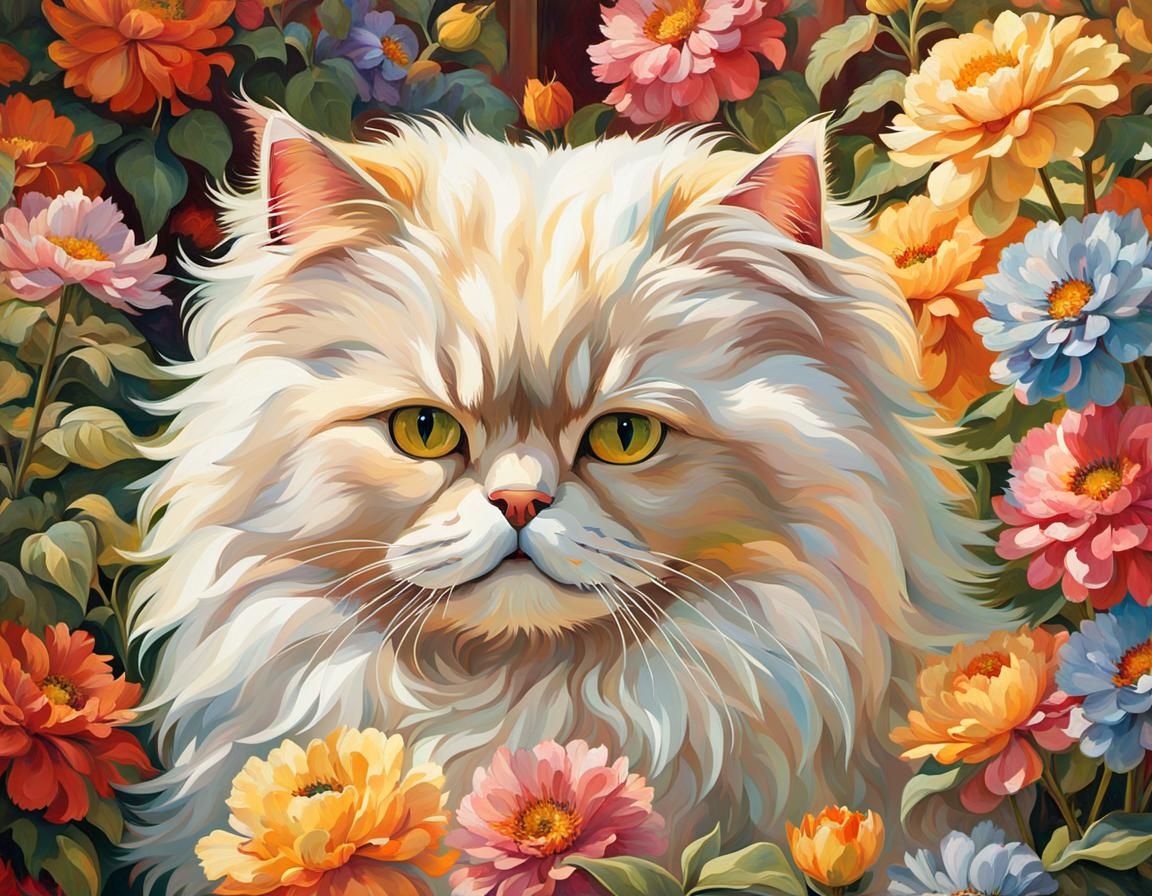 Fluffy Persian Cat in Farm Garden, Oil Painting Style