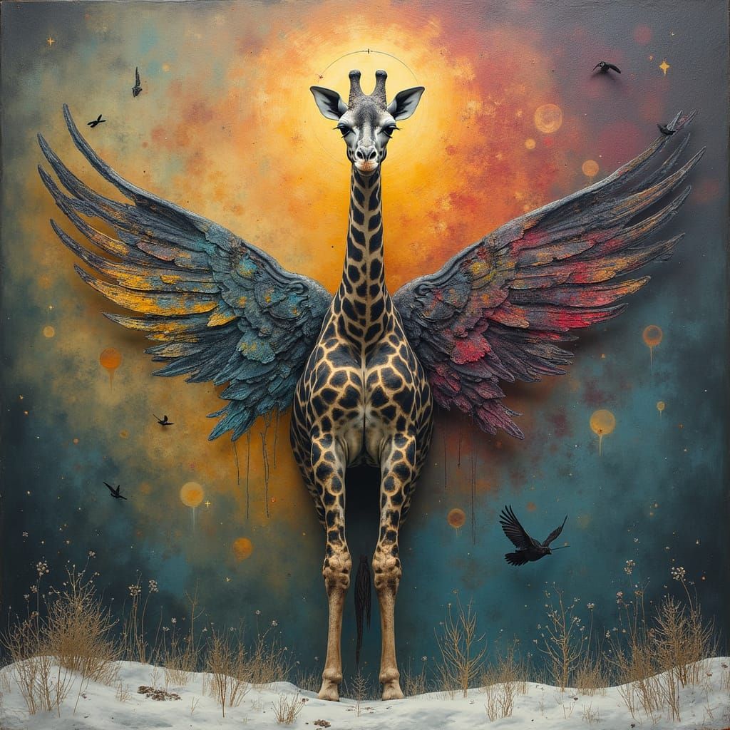 Surreal Winter Scene with Holy Giraffe in Flight