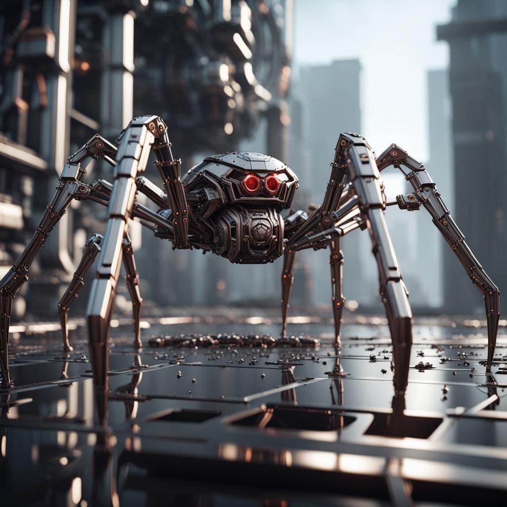 Futuristic Sci-Fi Spider Robot in Polished Metal