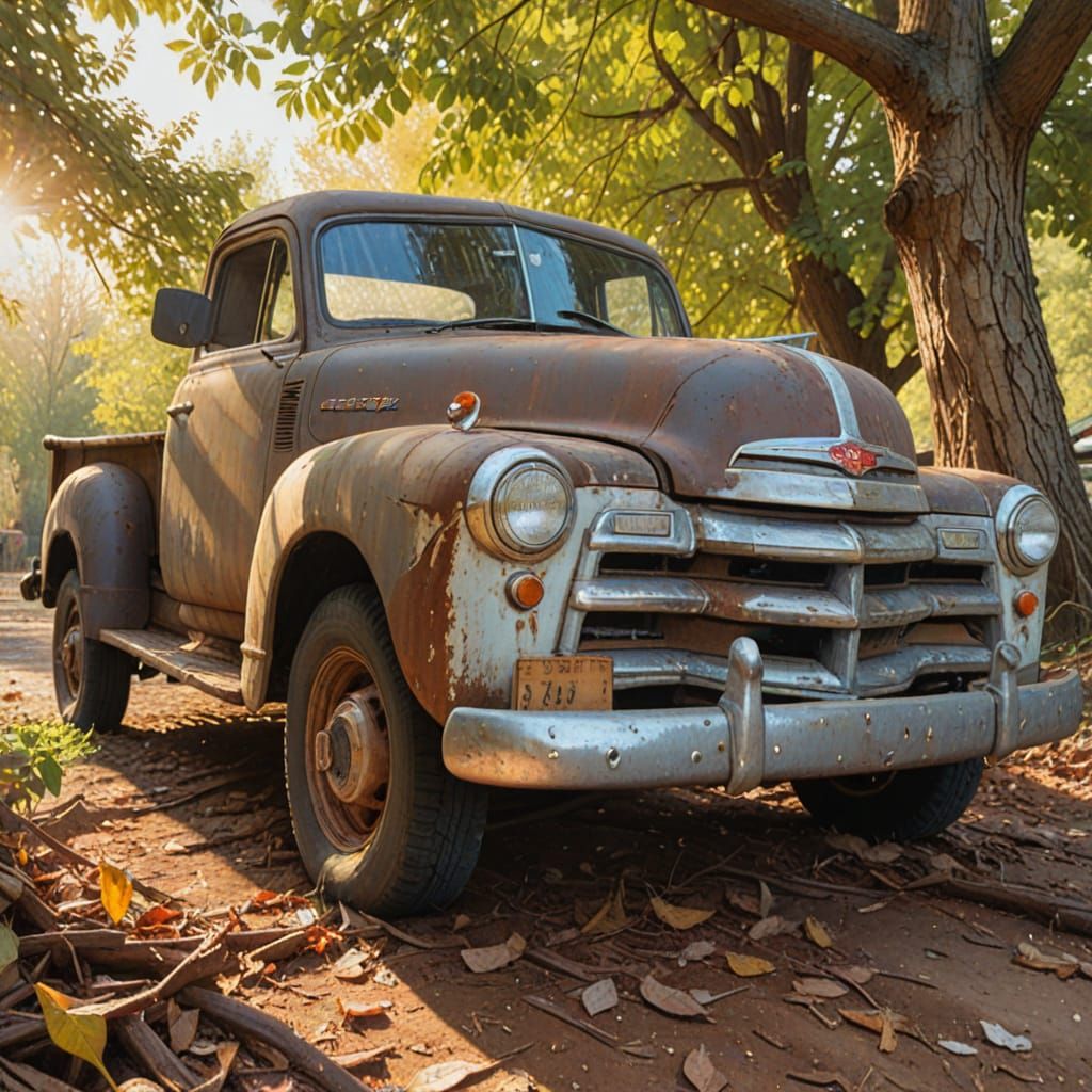 Rustic Oil Painting of Abandoned Chevrolet Pickup