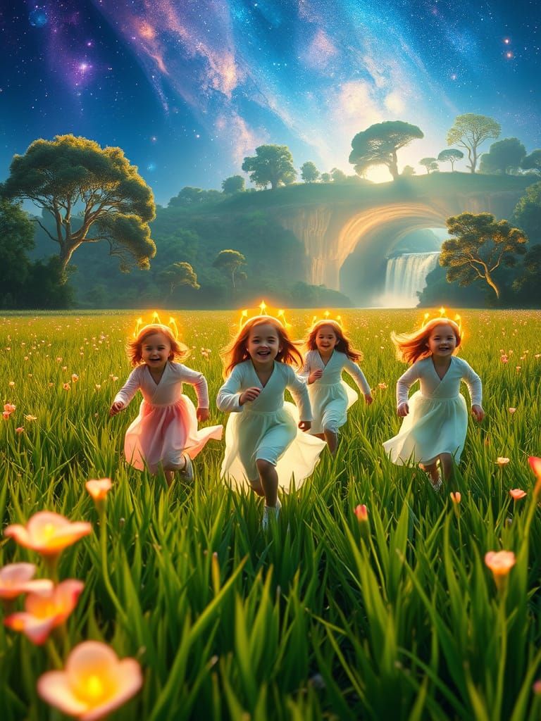 Surreal Children's Paradise in a Vibrant Cosmic Landscape