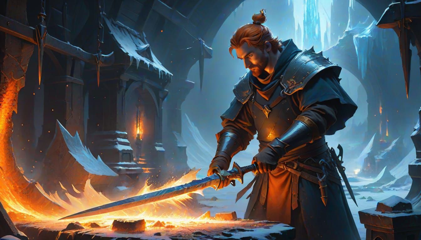 Blacksmith Forging Ice Sword in Dark Fantasy Style