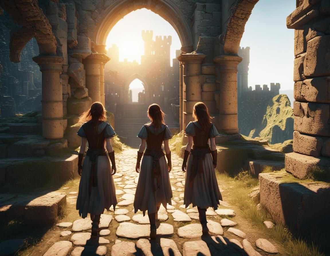 Young Women Explore Castle Ruins in Cinematic 3D