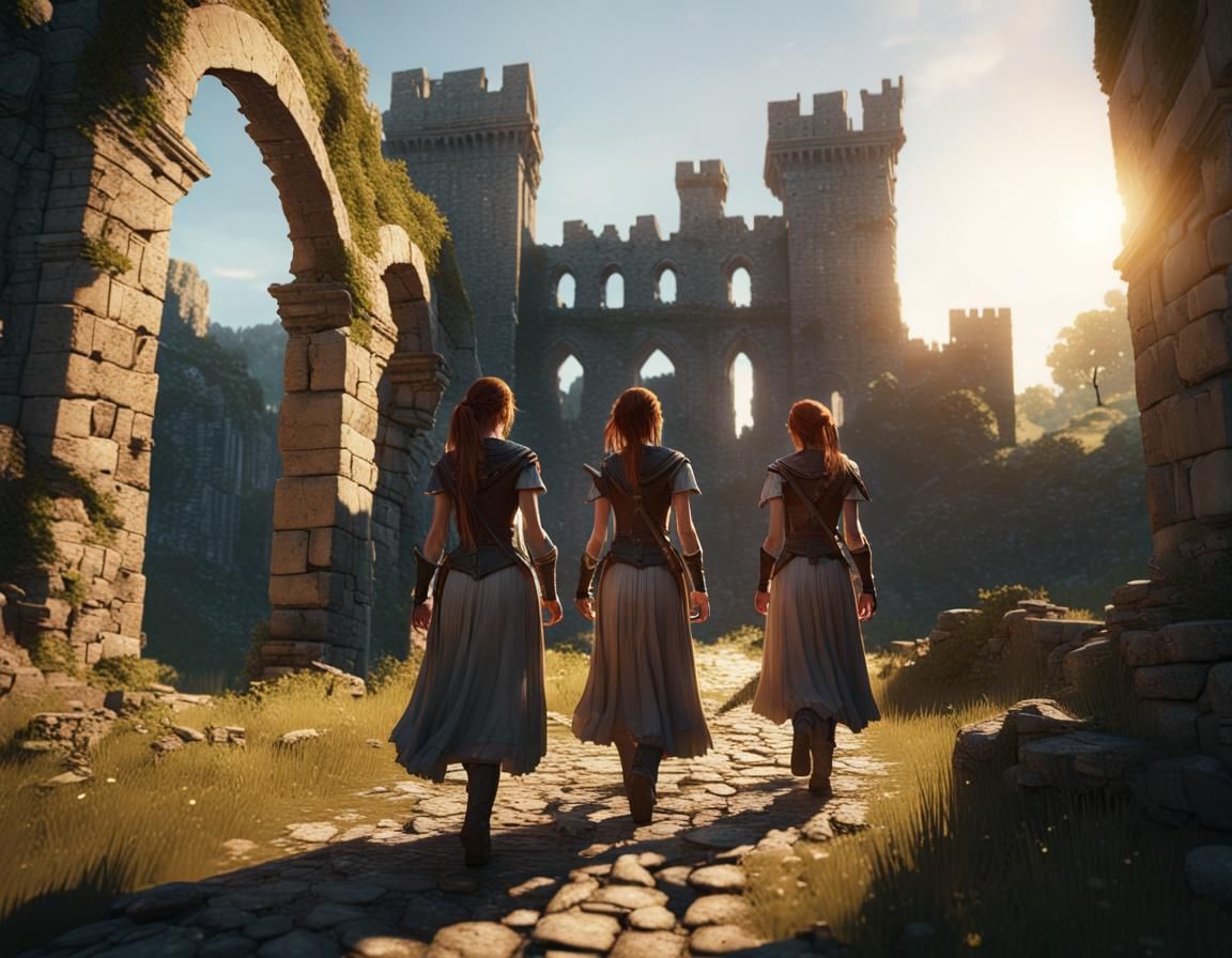 Young Women in Castle Ruins at Sunset