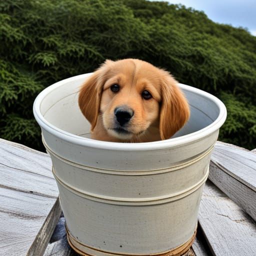 Puppy Peeks Out From Bucket