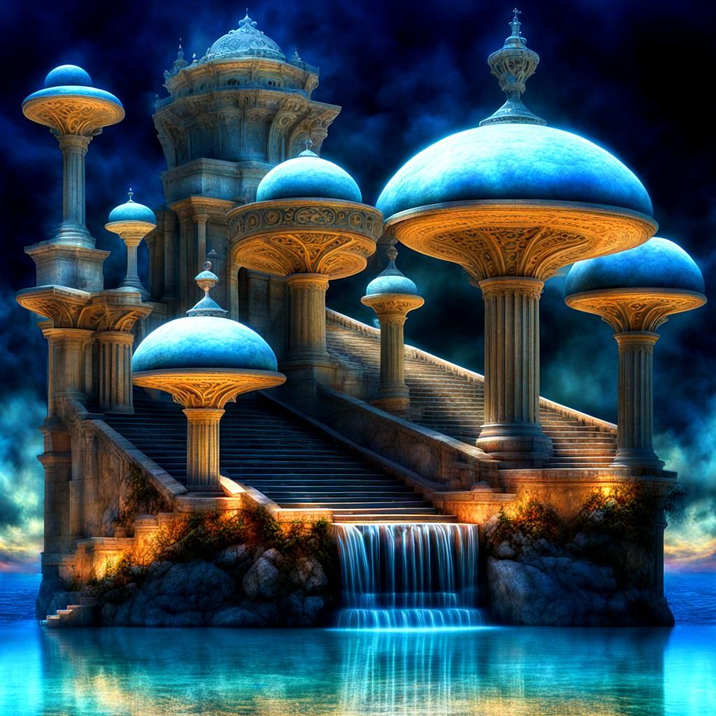 Surreal Stone Stairs with Holographic Light