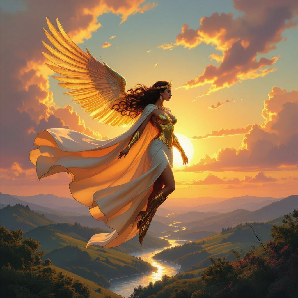 Majestic Super Woman Soaring at Sunset