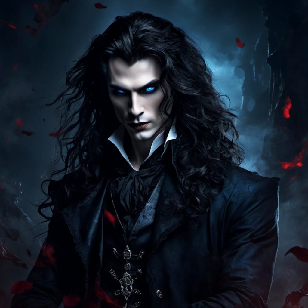 Hyperrealistic Vampire Portrait: Black Hair and Blue Eyes