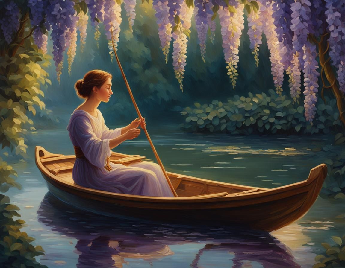 Woman on River in Romantic Pre-Raphaelite Style