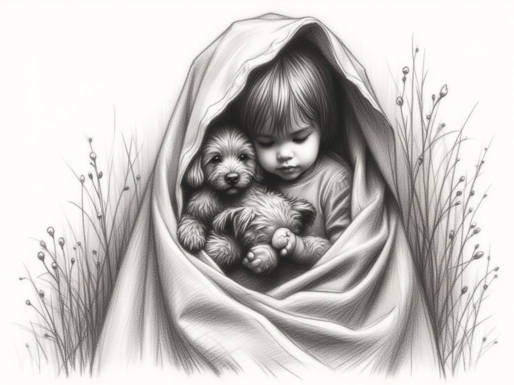 Child with Teddy Bear: Heartfelt Pencil Sketch