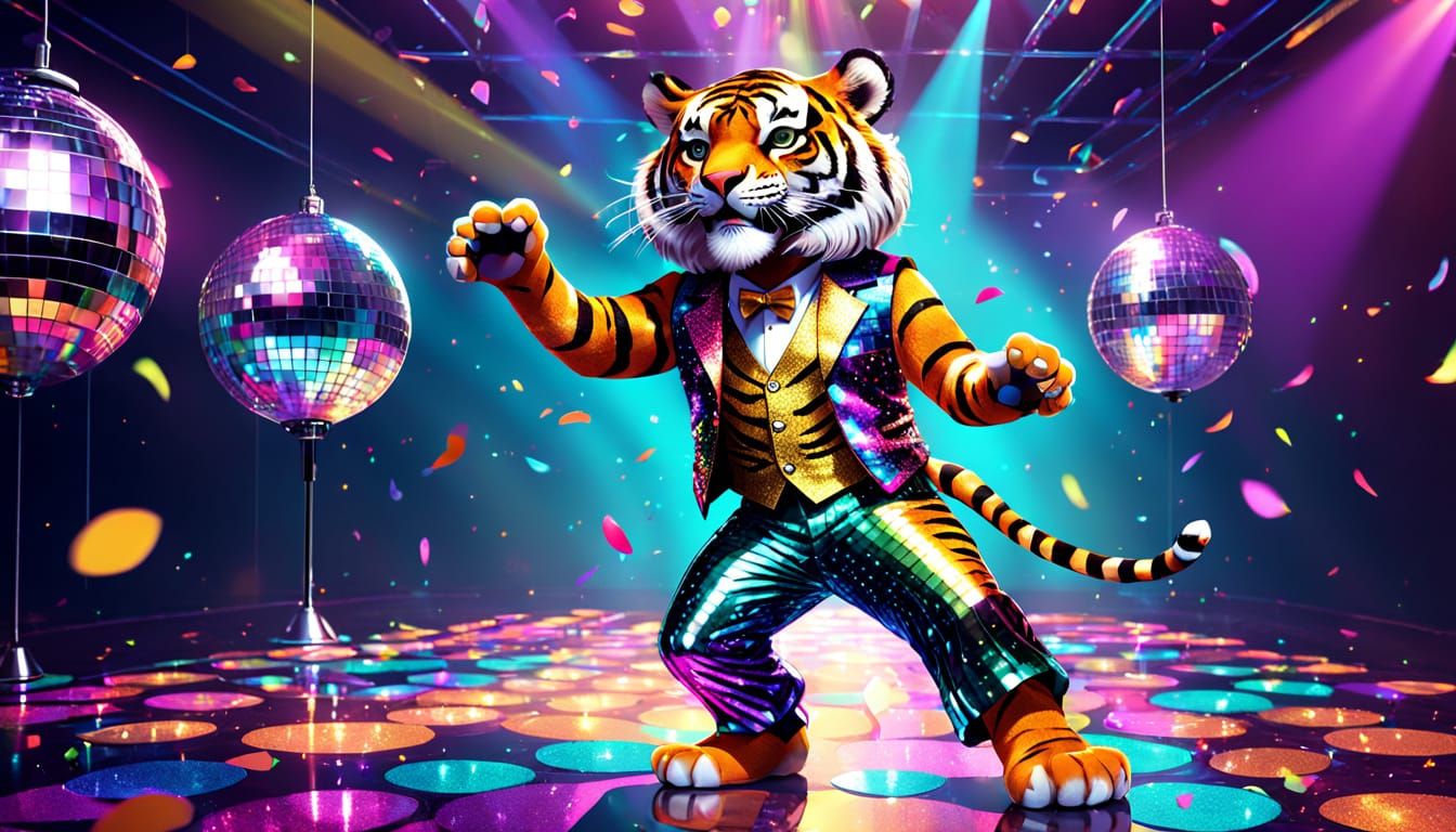 Cartoon Tiger Dancing Under Disco Ball in Neon Lights