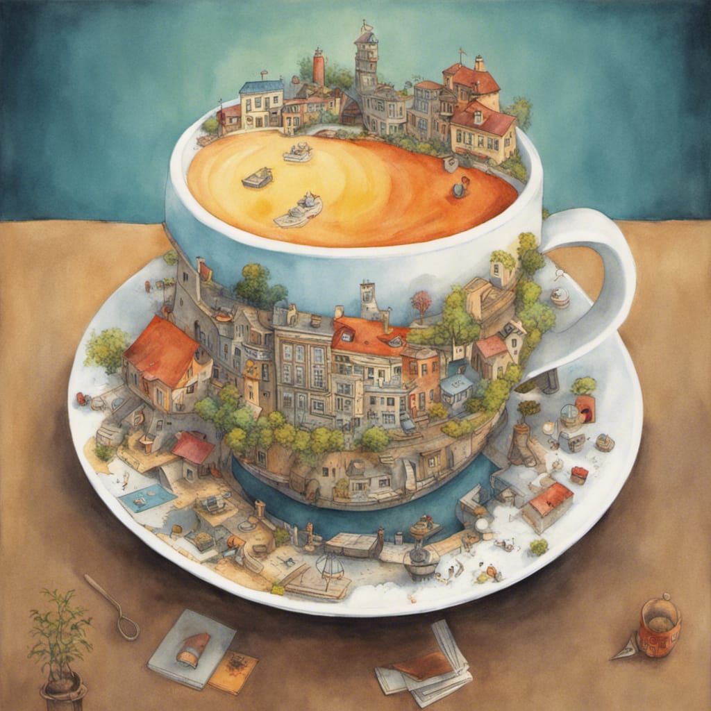 Detailed Surreal Storybook Coffee Cup Illustration