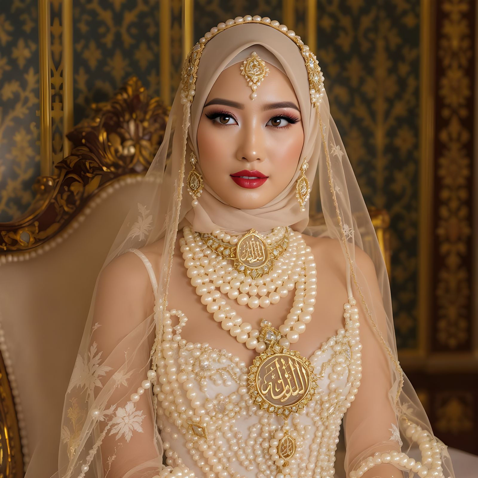 Elegant Asian Woman with Pearl Jewelry in Art Nouveau Style