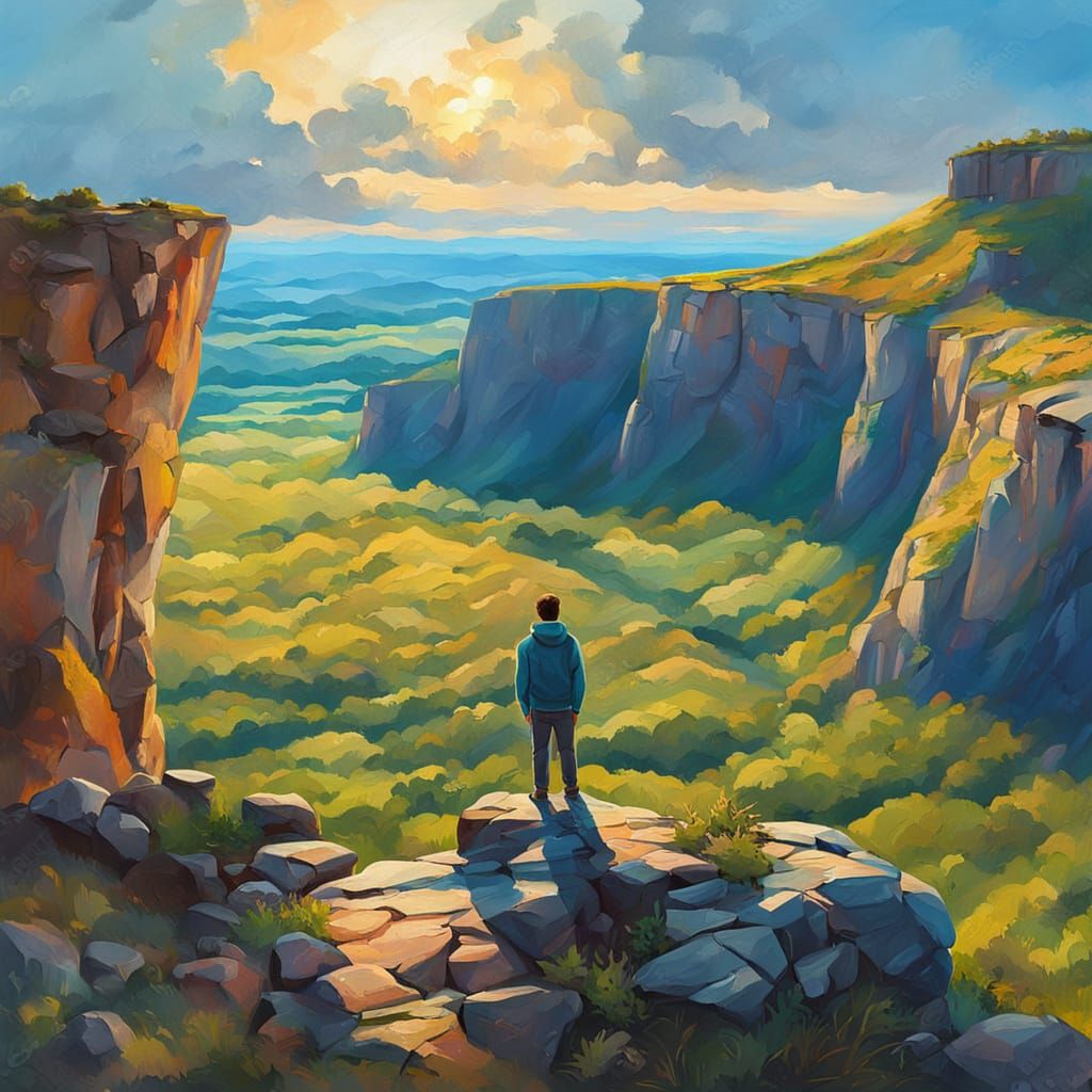 Panoramic Cliffside Masterpiece with Triadic Colors