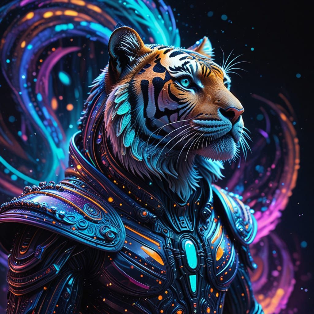 Cyberpunk Tiger Soars in Cosmic Dreamscape