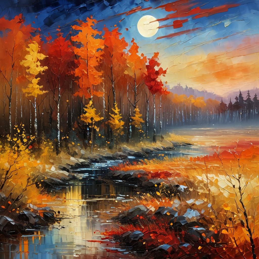 Moonlit Autumn Forest in Expressionist Style
