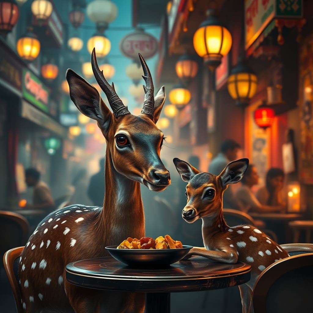 Majestic Doe and Fawn Dine in Vibrant Bombay Cafe