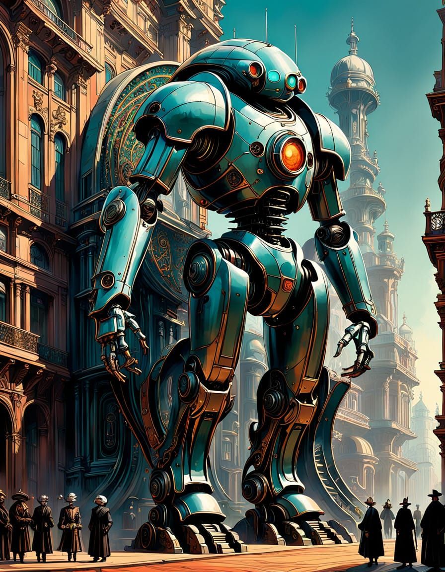 Robots in Opulent Baroque Attire Pose in Whimsical Art Nouve...