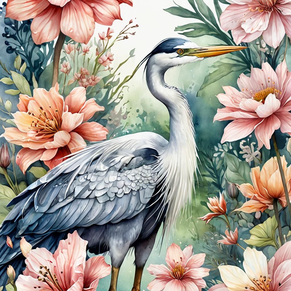 Heron Watercolor Illustration in Flower Power Style