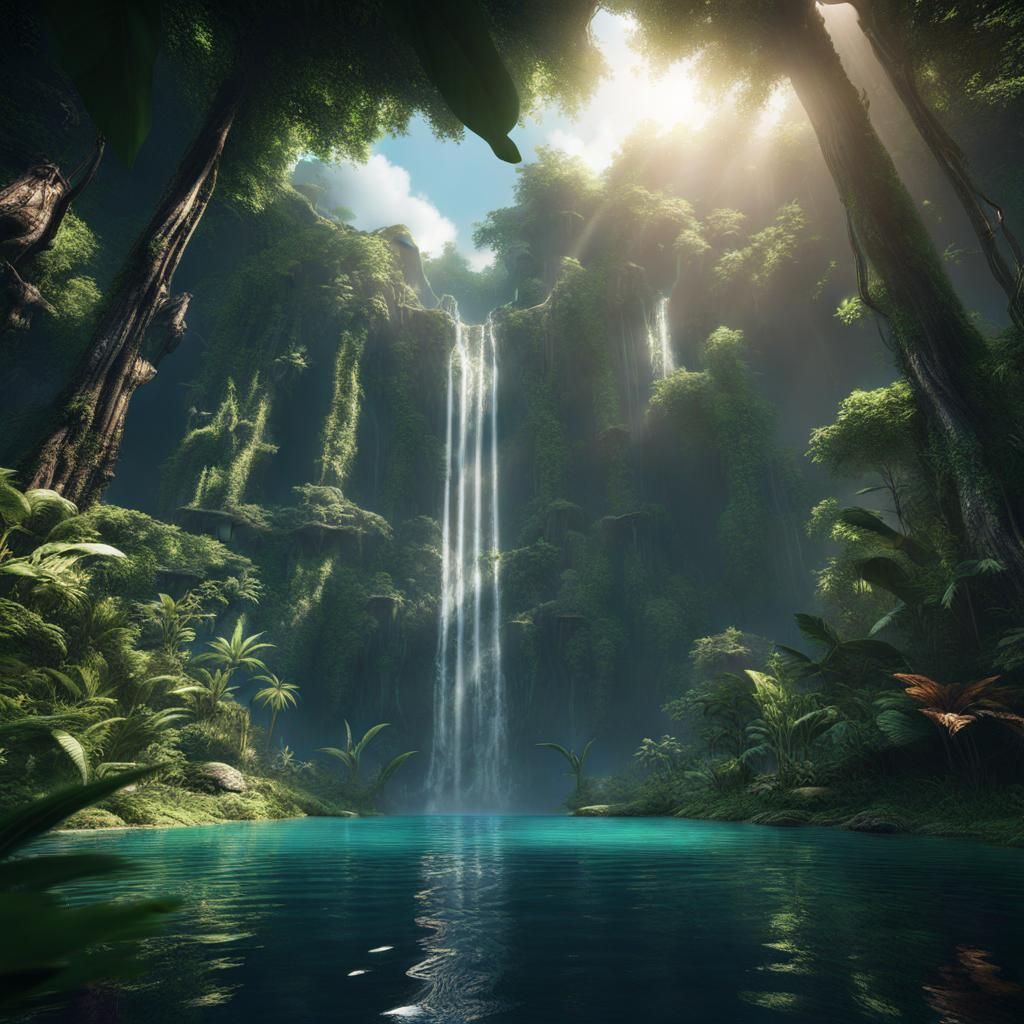 Jungle Lake with Waterfall in Fantasy Concept Art
