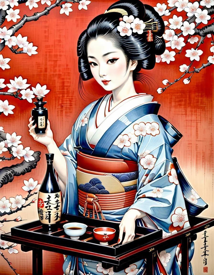 Ukiyo-e Woodblock Print of Traditional Layered Obi