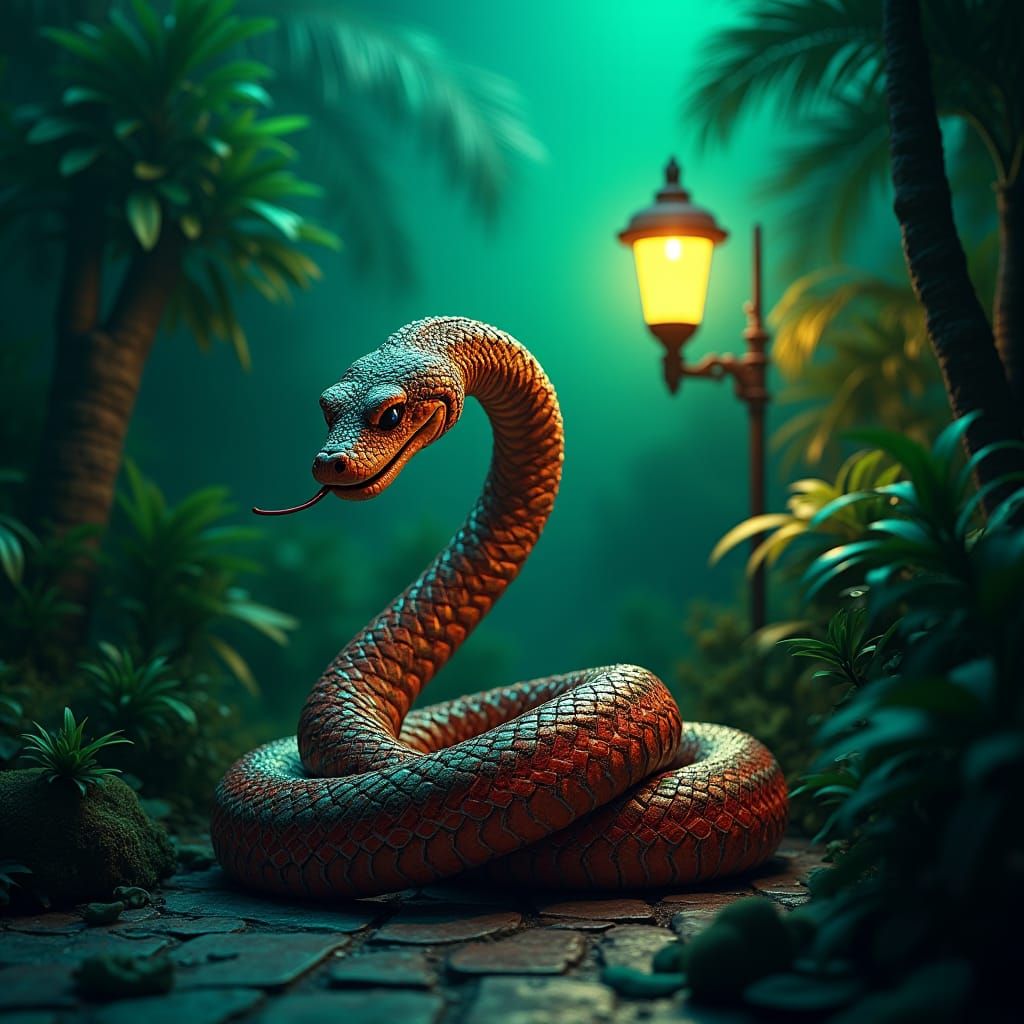 Cuban Snake Coiled Around Neon Streetlamp