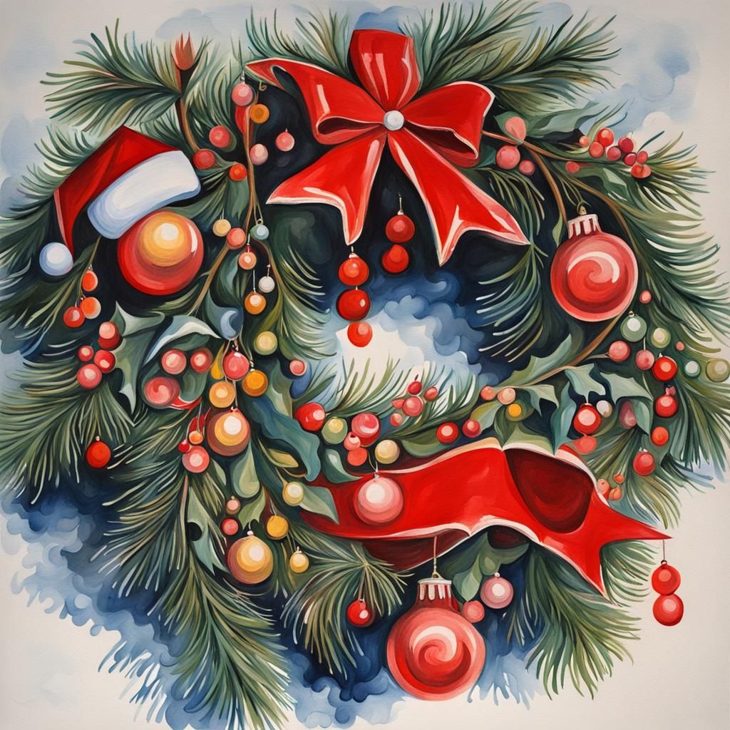 Festive Christmas Wreath in Gouache Style