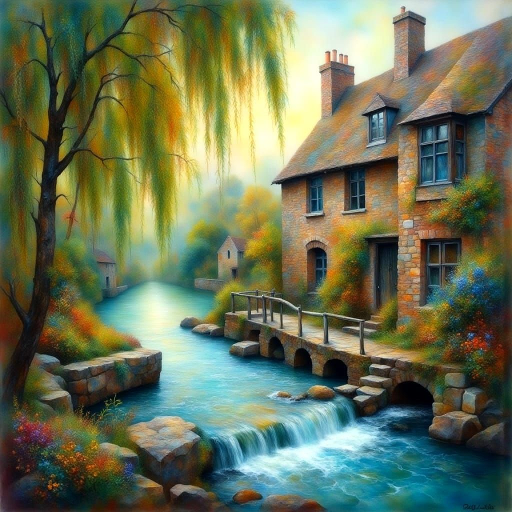 Dreamy Waterfront Scene with Weeping Willows and Stone Cotta...