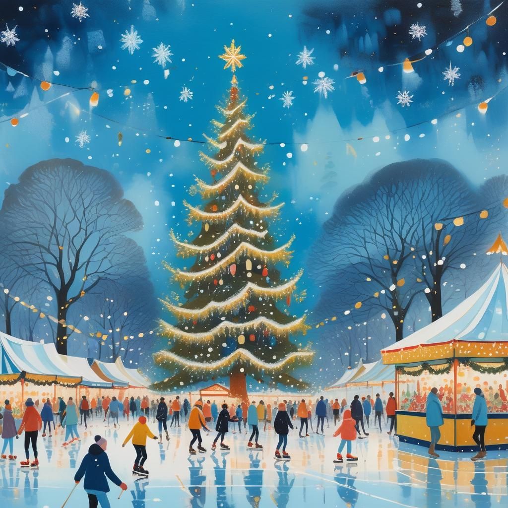 Festive Ice Skating Scene in Gouache Style
