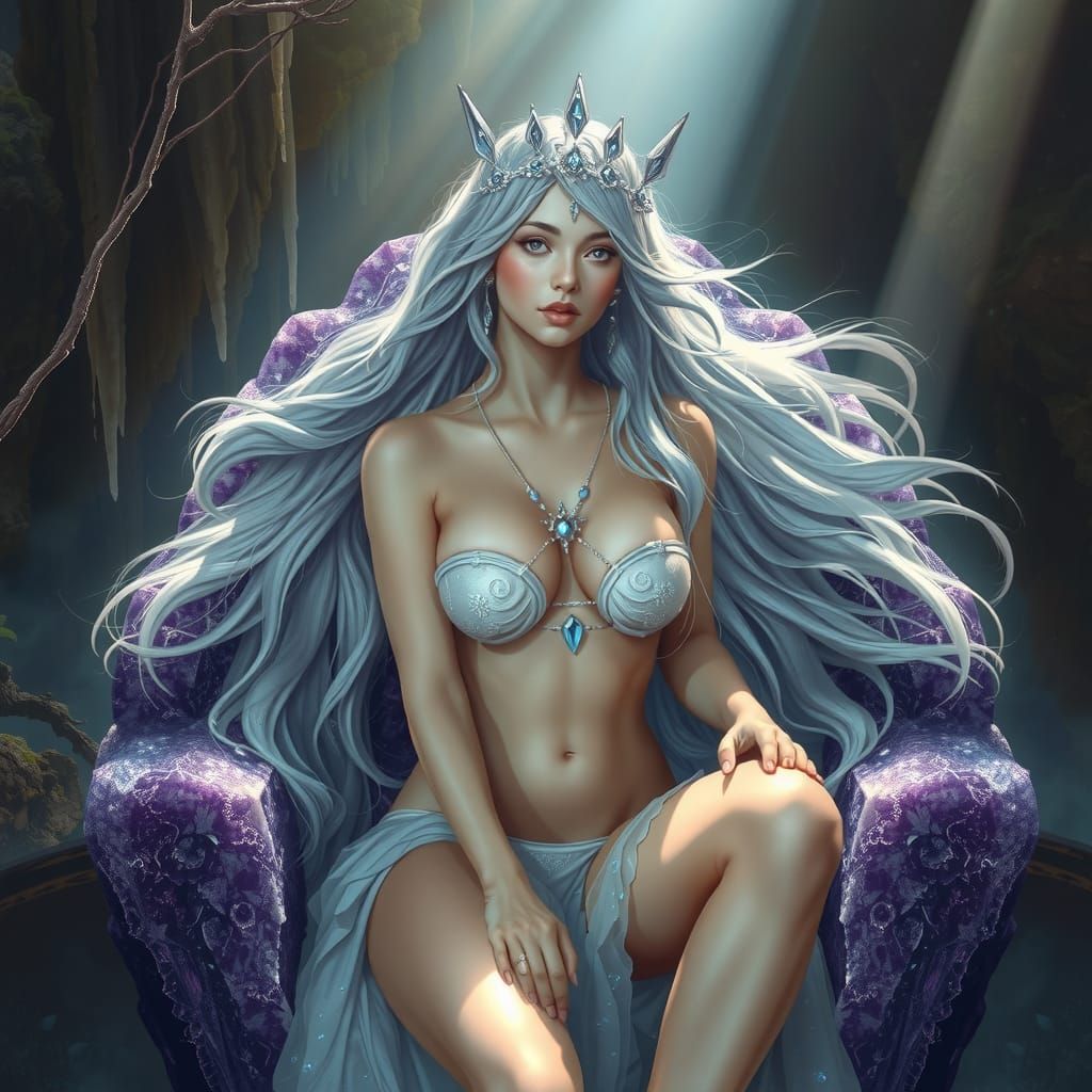 Goddess on Amethyst Throne in Crystalline Grotto