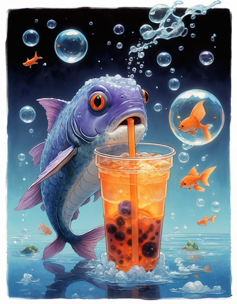 A surreal cartoon fish, wearing a bright orange hat and purple scarf, sips on a bubble tea under a glowing, warm light, ...