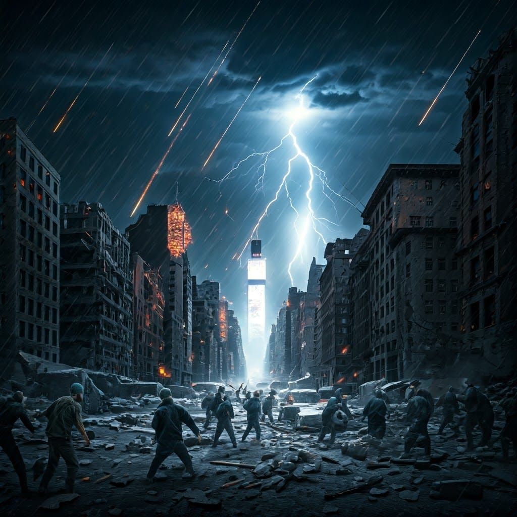 Apocalyptic Chaos in Ruined New York City at Night