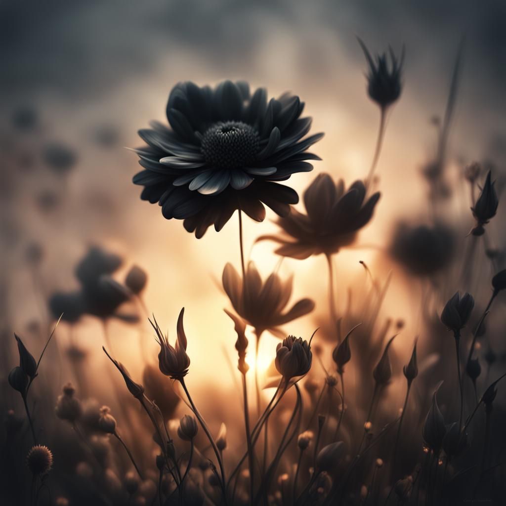 Glowing Black Cloud Flowers in Digital Painting