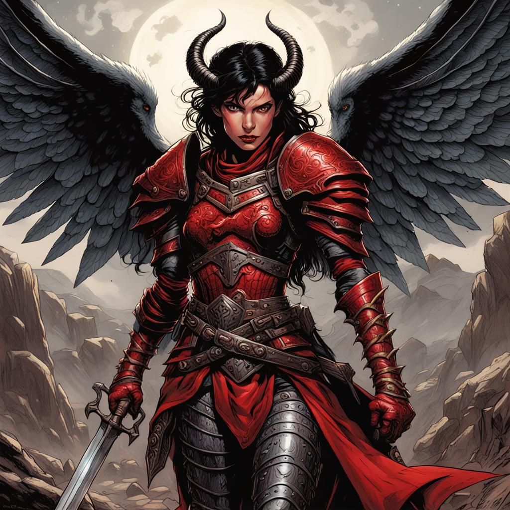 Winged Tiefling Knight in Comic Book Art Style