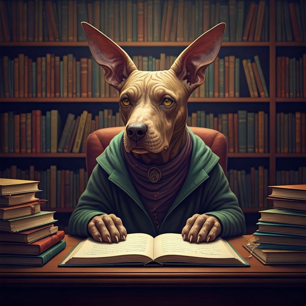 Hyperrealistic Mutant Dog in Colorful Library
